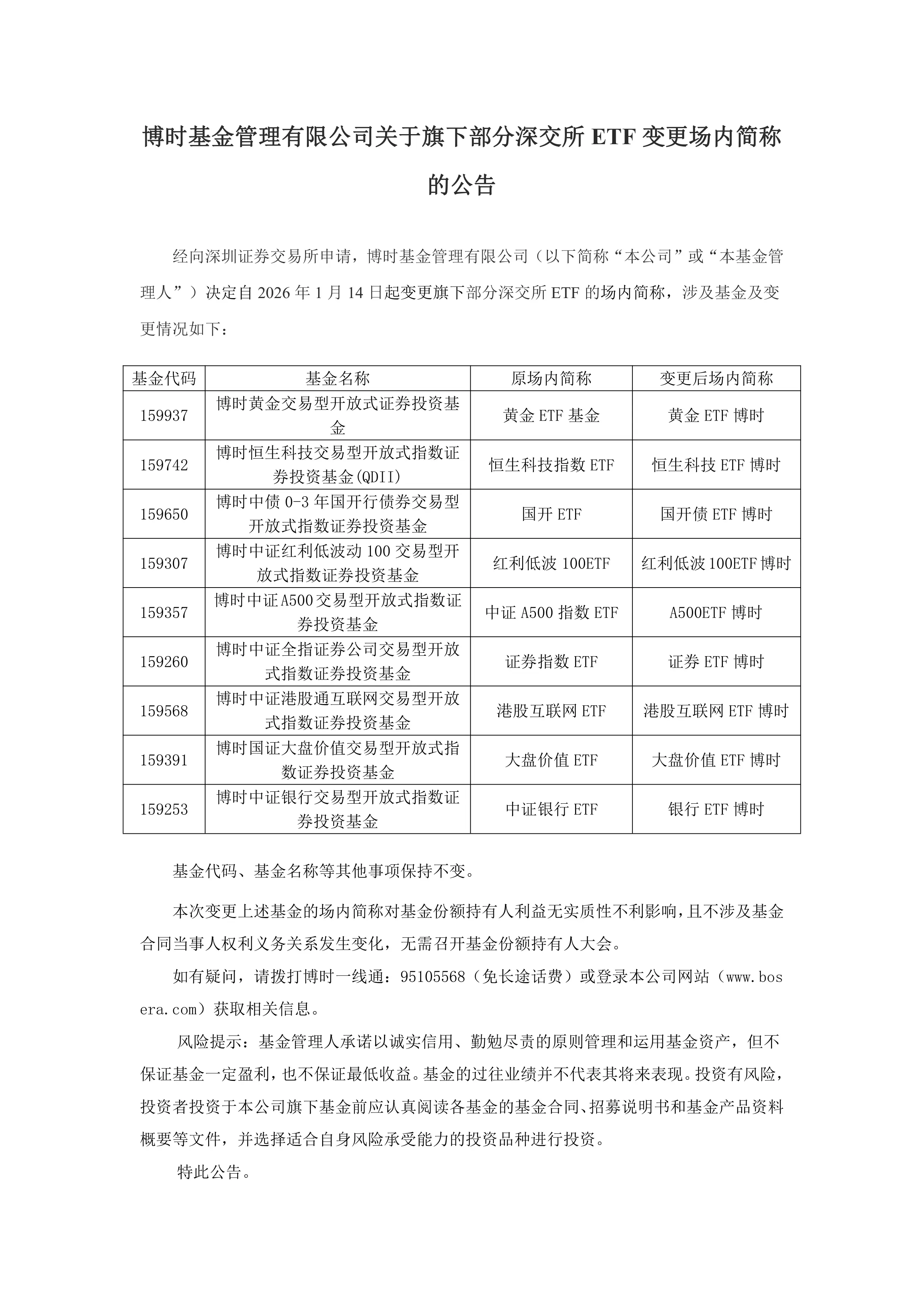 基金-黃金ETF基金-博時(shí)基金管理有限公司關(guān)于旗下部分深交所ETF變更場內(nèi)簡稱的公告